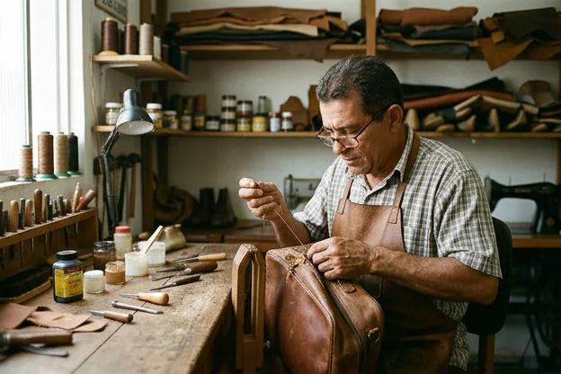 Um sapateiro reforma uma bolsa de couro em Lagarto, destacando o trabalho minucioso realizado.