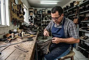 Um sapateiro conserta um zíper de bota em Lagarto, com foco nas ferramentas usadas.