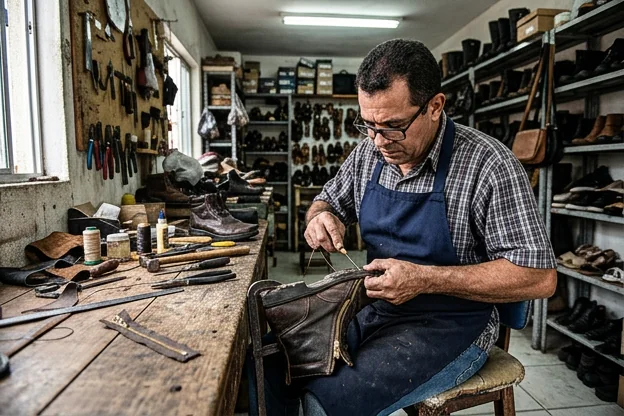 Um sapateiro conserta um zíper de bota em Lagarto, com foco nas ferramentas usadas.