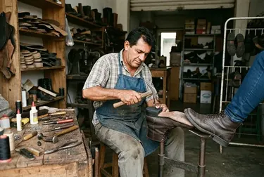 Um profissional troca o salto de uma bota em Lagarto, demonstrando a técnica utilizada.