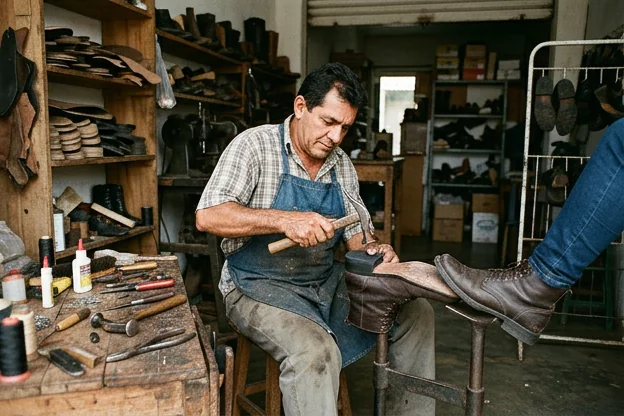 Um profissional troca o salto de uma bota em Lagarto, demonstrando a técnica utilizada.