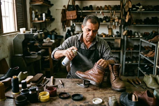 Um profissional aplica impermeabilizante em calçados em Lagarto, focando no cuidado dos sapatos.